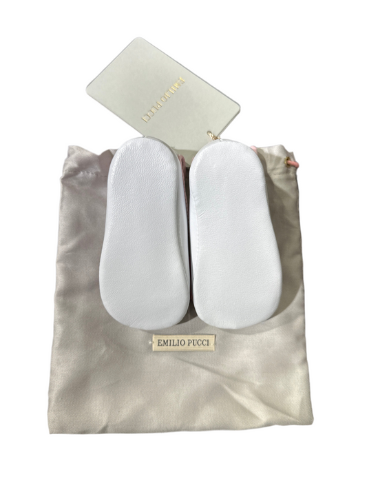 Emilio Pucci Baby-Lederschuhe Mädchen, Größe 18, 6-9 Monate Weiß/Rosa Sohlenansicht