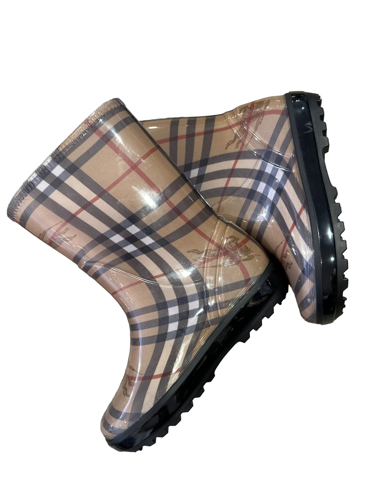 Burberry Designer-Kindergummistiefel Beige kariert, Größe 1/32, Unisex, seitlich liegend