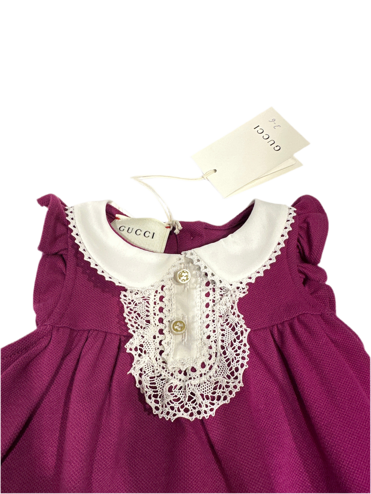 Gucci Designer-Baby-Kleid Mädchen 3-6 Monate, 62-68 cm, Fuchsia, mit Originaletikett, Detailansicht Logo-Knöpfe