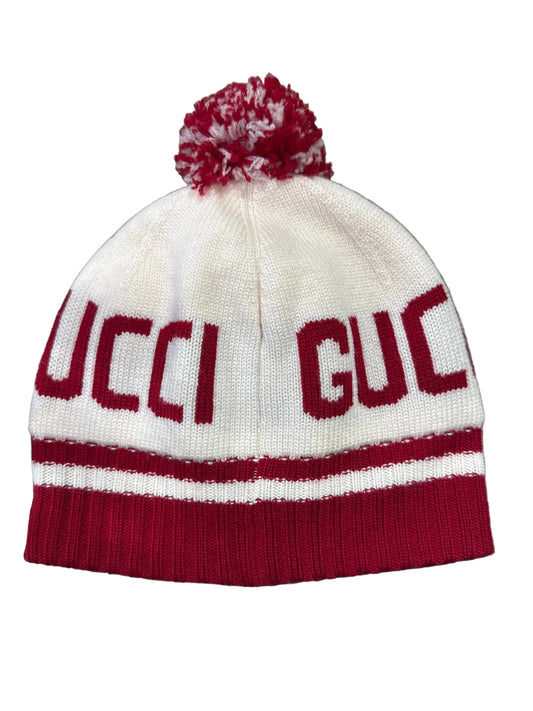 Gucci Designer-Strickmütze Beige/Rot, Größe M 54, mit Bommel, Rückansicht