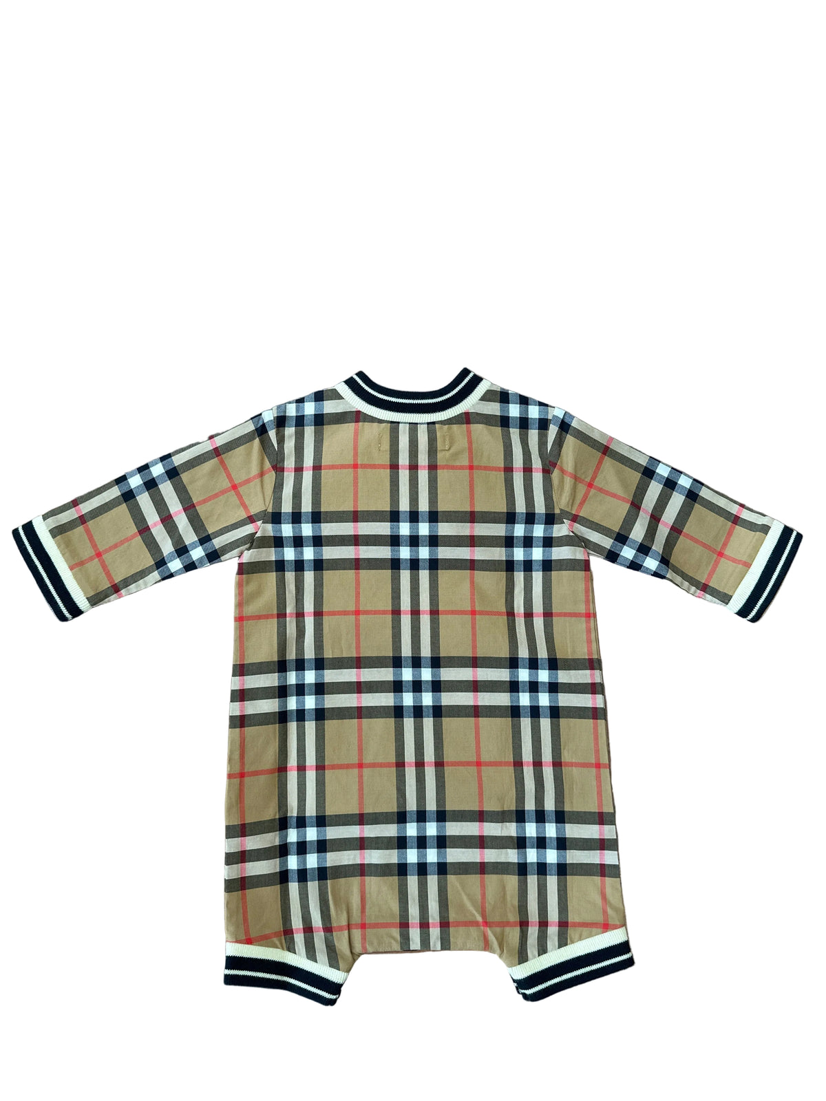 Burberry Designer-Babyanzug Unisex, 1 Monat, beige mit Karomuster und gestreiften Bündchen, Rückansicht
