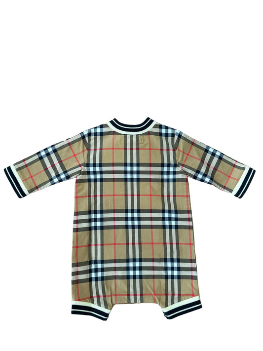 Burberry Designer-Babyanzug Unisex, 1 Monat, beige mit Karomuster und gestreiften Bündchen, Rückansicht