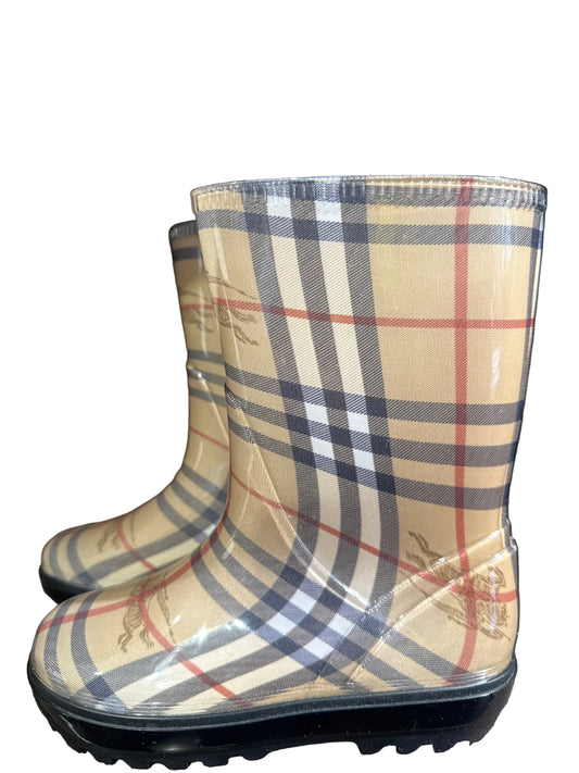 Burberry Designer-Kindergummistiefel Beige kariert, Größe 31/32, Unisex, Seitenansicht