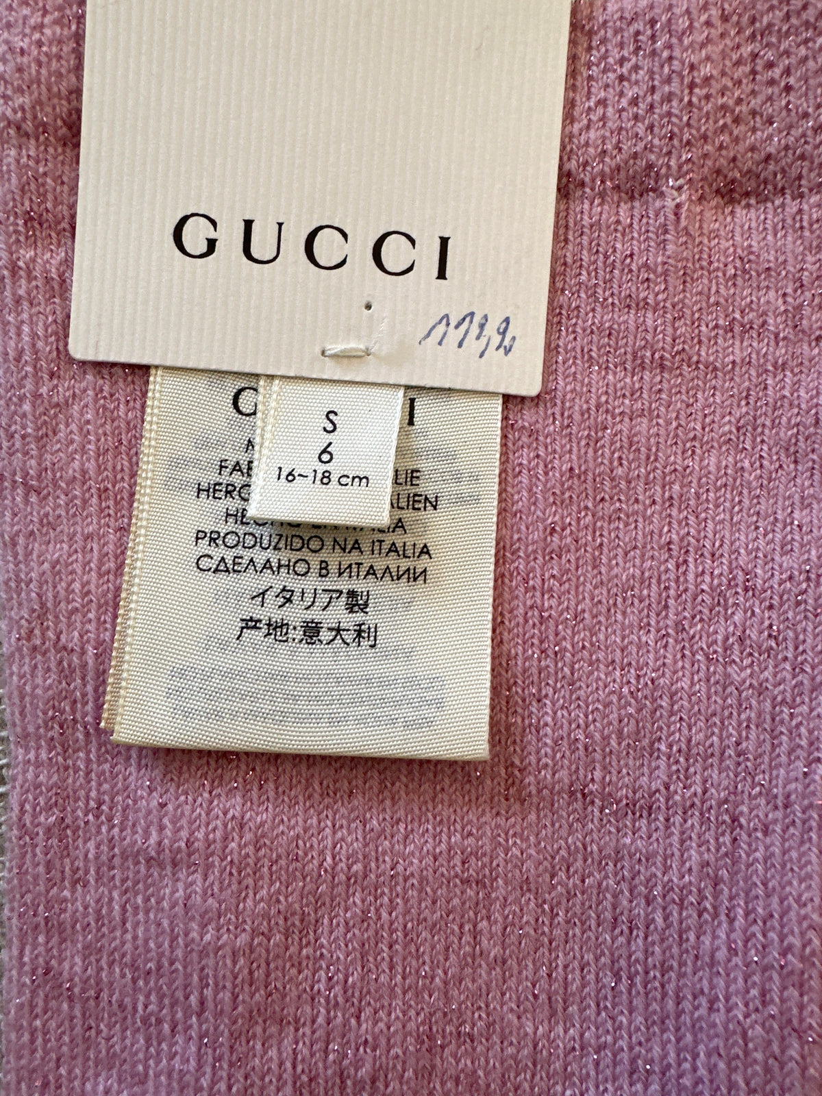 Gucci Designer-Strumpfhose rosa für Mädchen, S / 6 Jahre, Detailansicht der Original- und Größenetiketten