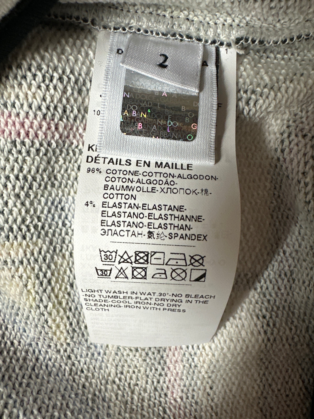 Dolce&Gabbana Designer-Sweater, Größe 2 Jahre, Materialetikett mit 96 % Baumwolle und 4 % Elasthan