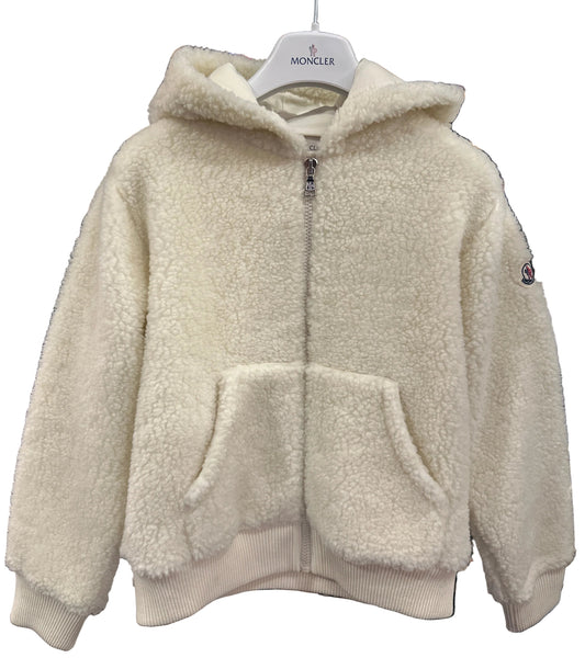 Moncler Designer-Teddyjacke Creme, Unisex, 10 Jahre, Vorderansicht mit Kapuze, Reißverschluss und Taschen