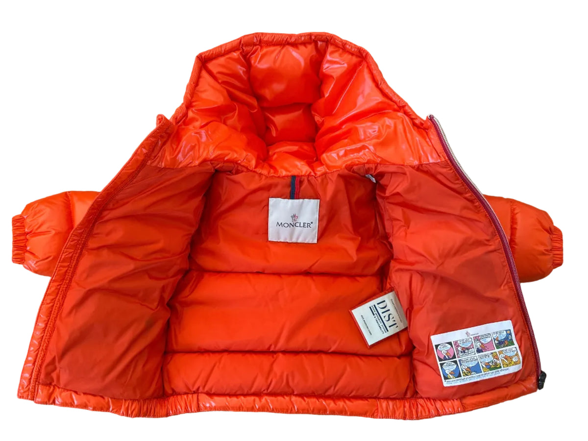 Moncler Designer-Baby-Daunenjacke orange, 12-18 Monate, geöffnet mit Innenfutter und Markenetikett