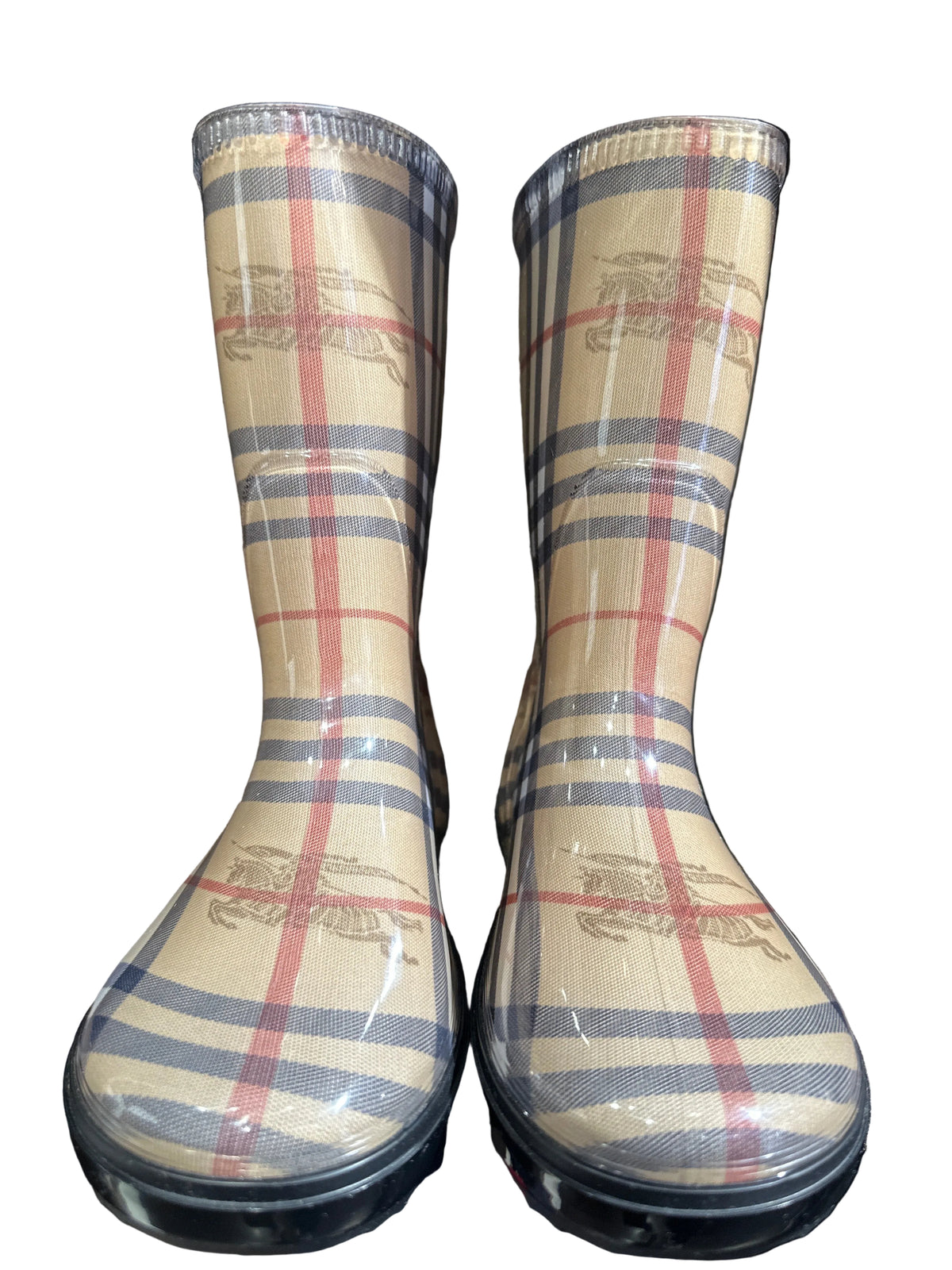 Burberry Designer-Kindergummistiefel Beige kariert, Größe 31/32, Unisex, Vorderansicht