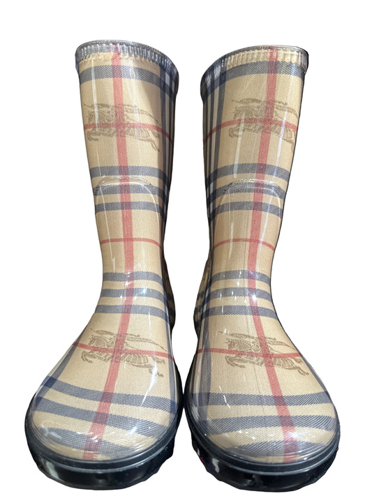 Burberry Designer-Kindergummistiefel Beige kariert, Größe 31/32, Unisex, Vorderansicht