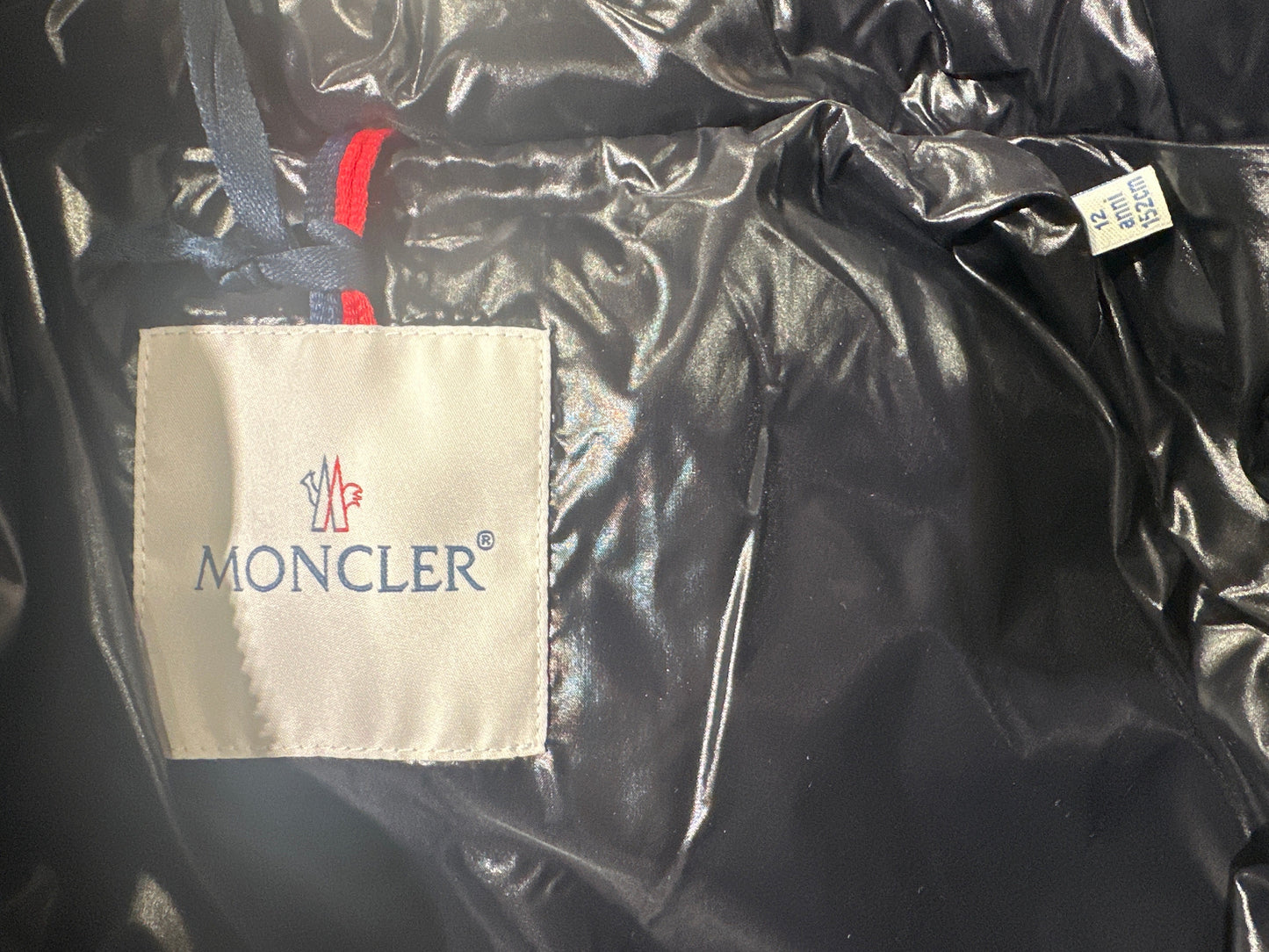 Moncler Designer Daunenmantel Mädchen 12J/152cm Schwarz Logo Innenansicht