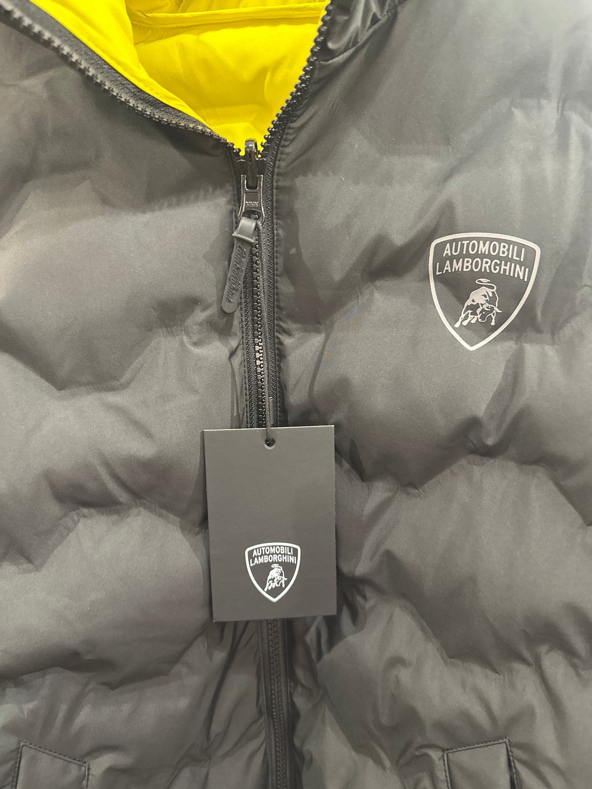 Lamborghini Designer-Wendejacke Unisex, 14 Jahre / 164 cm, Schwarz/Neongelb, Etikett /Logo/Reißverschluss 