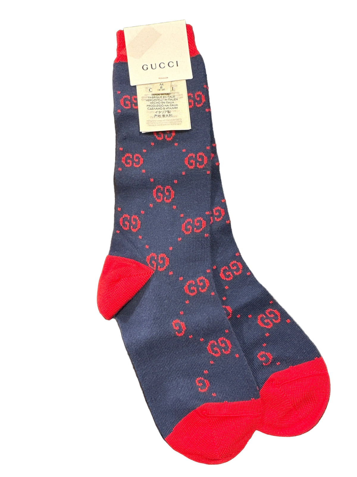 Gucci Designer-Kindersocken in Dunkelblau/Rot mit GG-Muster und Etikett, Paar in Gesamtansicht