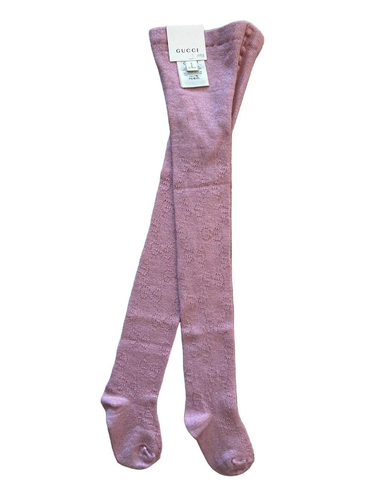 Gucci Designer-Strumpfhose rosa für Mädchen, S / 6 Jahre, Gesamtansicht mit GG-Muster und Originaletikett