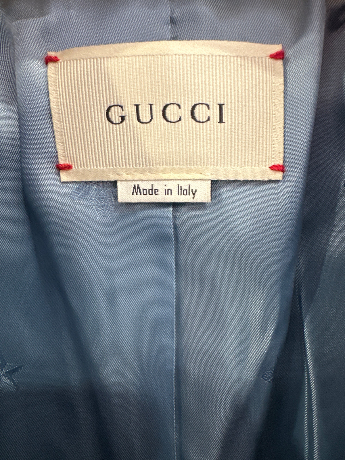 Gucci Designer-Sakko blau, Größe 6, Detail des Gucci-Logos