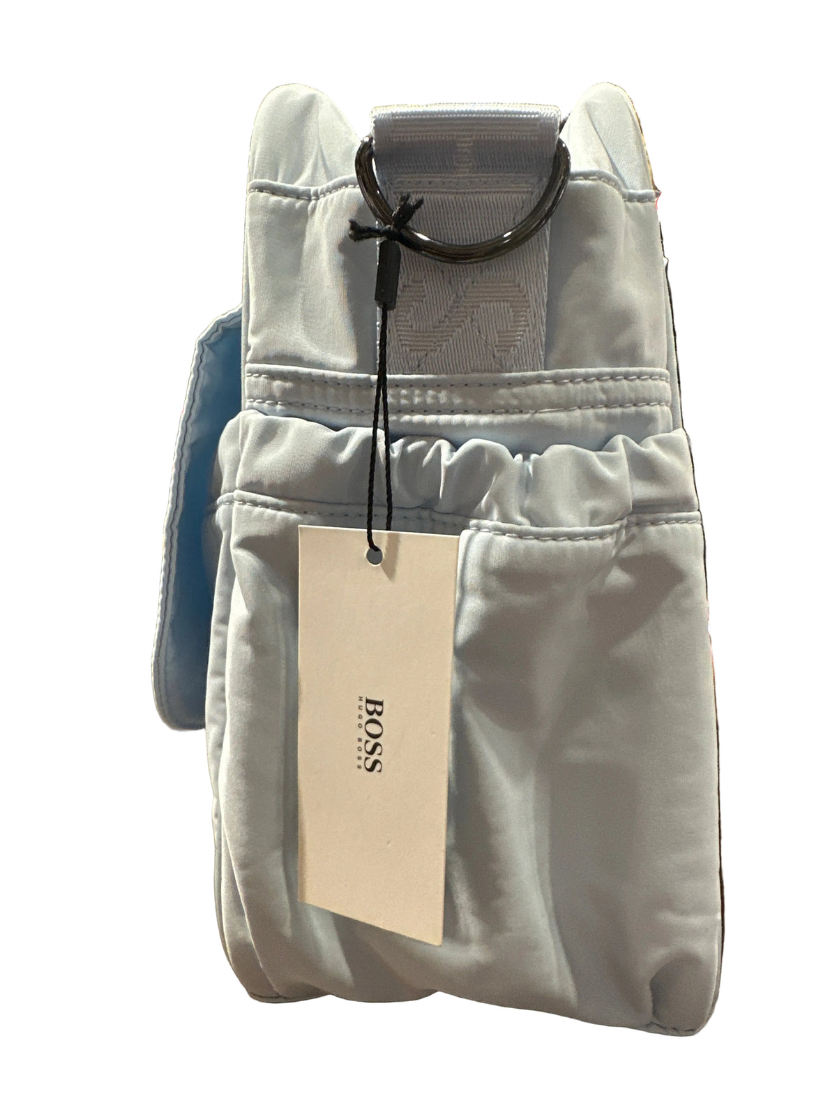 Boss Hugo Boss Wickeltasche hellblau, gegenüberliegende Seitenansicht mit Außenfach und Etikett