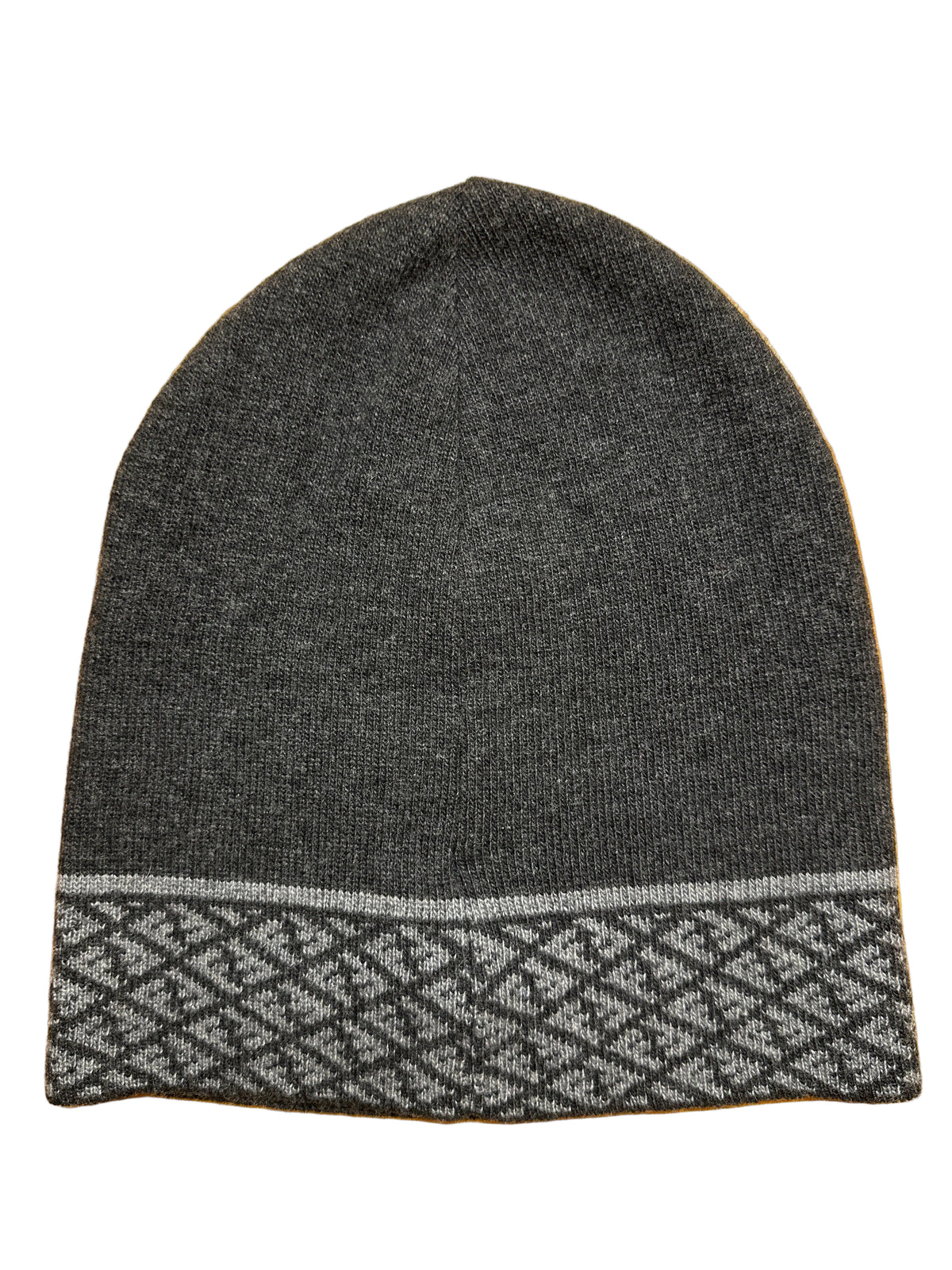Fendi Designer-Strickmütze grau für Kinder und Damen, Größe 54-56, Rückansicht mit Logomuster am Rand