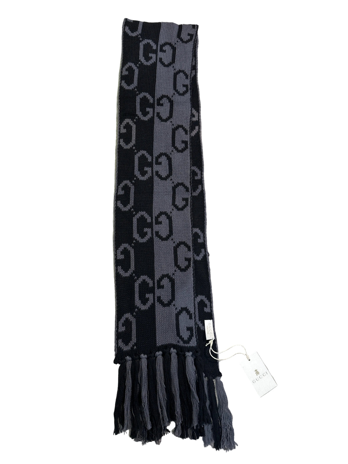 Gucci Designer-Strickschal in Schwarz/Grau, 17 x 179 cm, mit G-Muster, Fransen und Etikett, Gesamtansicht