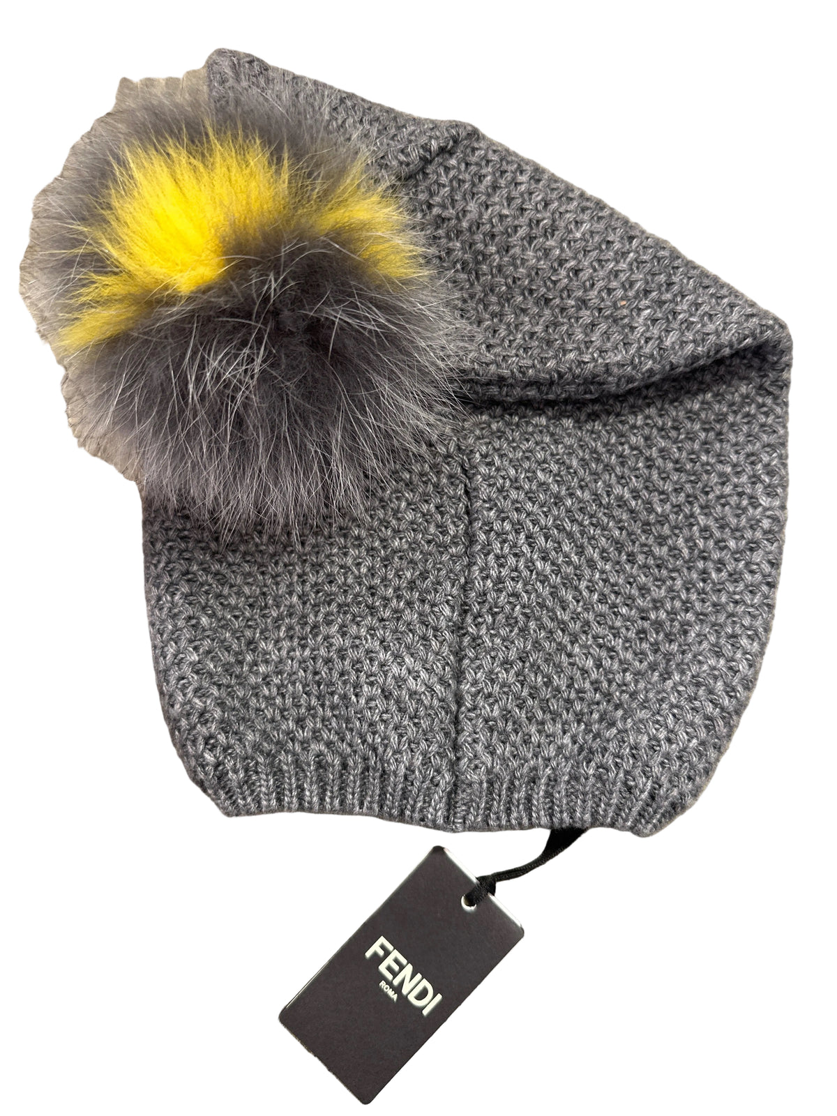 Fendi Designer-Kinder-Strickmütze 2-6 Jahre mit Echtfell, Grau, Rückansicht