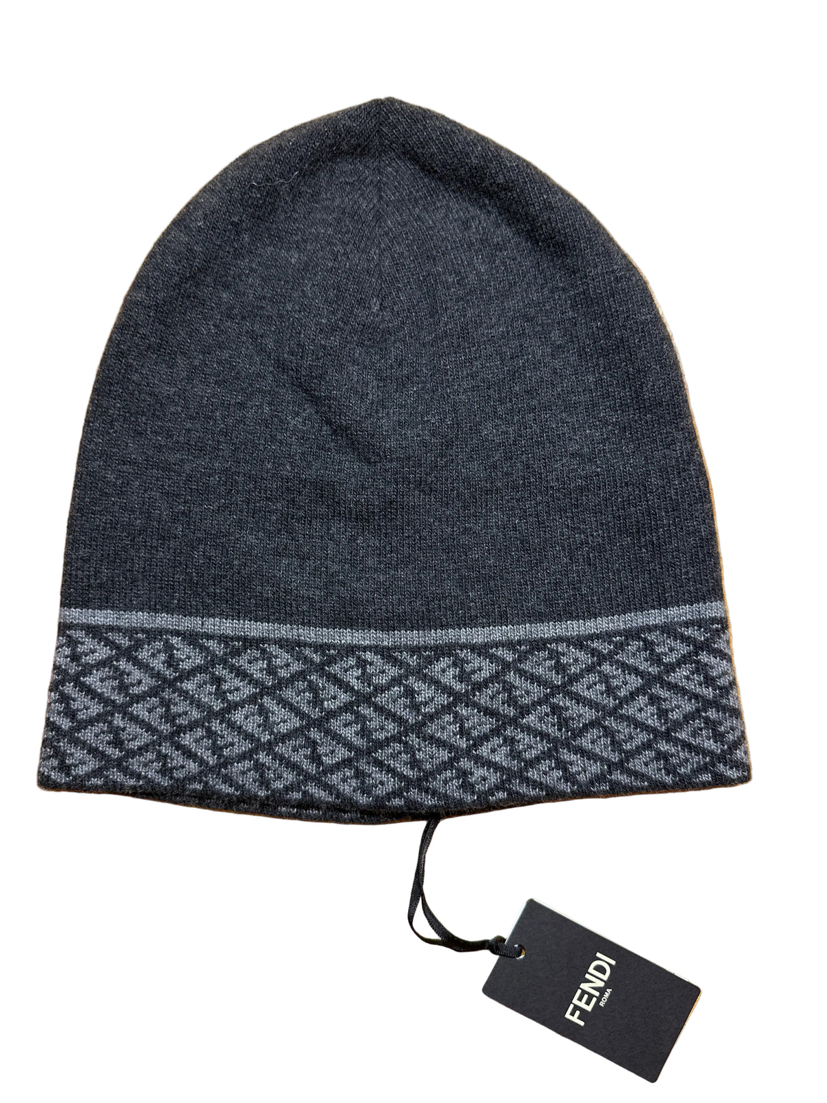 Fendi Designer-Strickmütze grau, Größe 54-56, für Kinder und Damen, mit Logomuster und Originaletikett