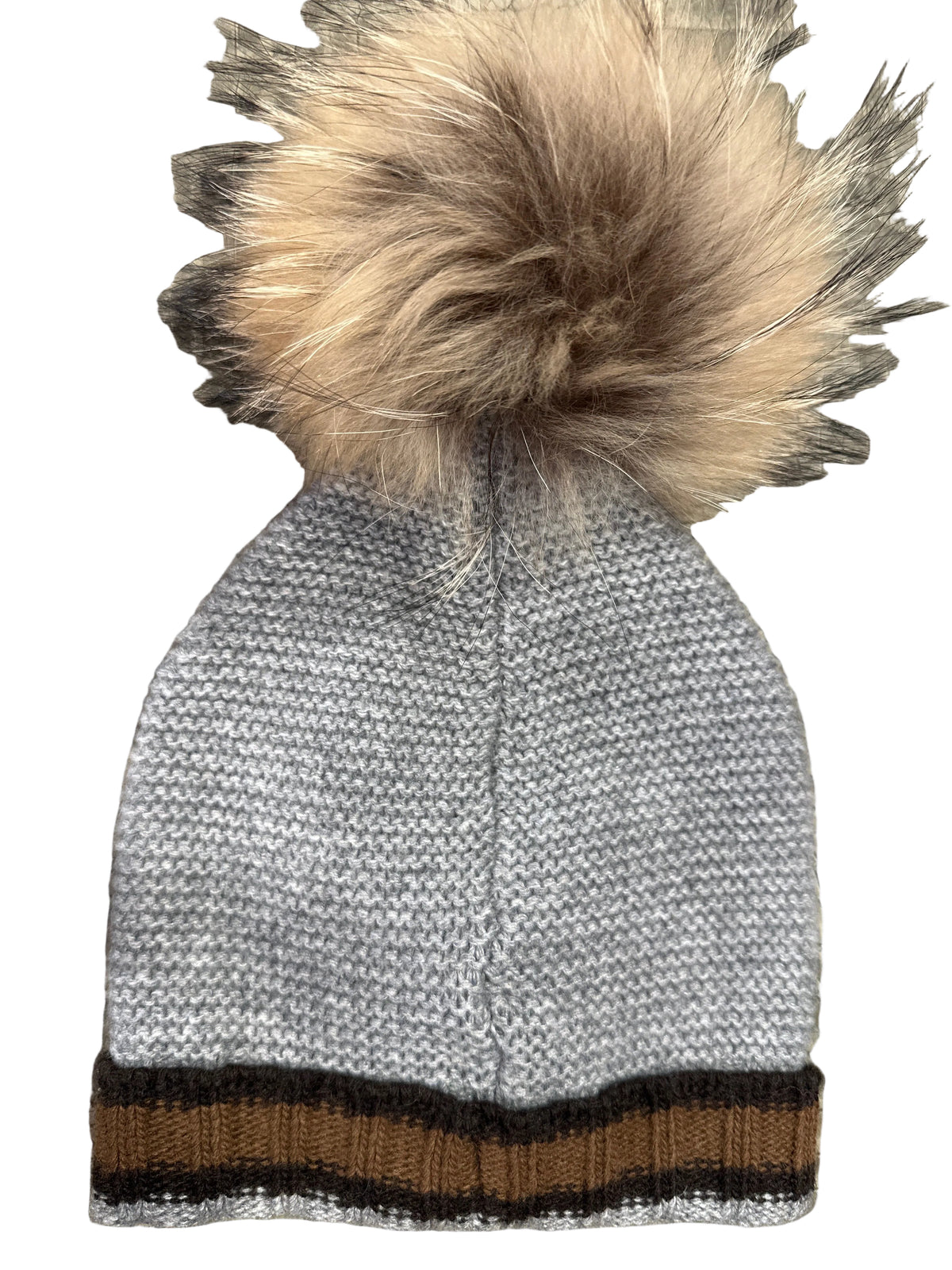 Fendi Designer-Babystrickmütze Grau Unisex 1-2 Jahre, mit Echtfellbommel und Etikett, Rückansicht