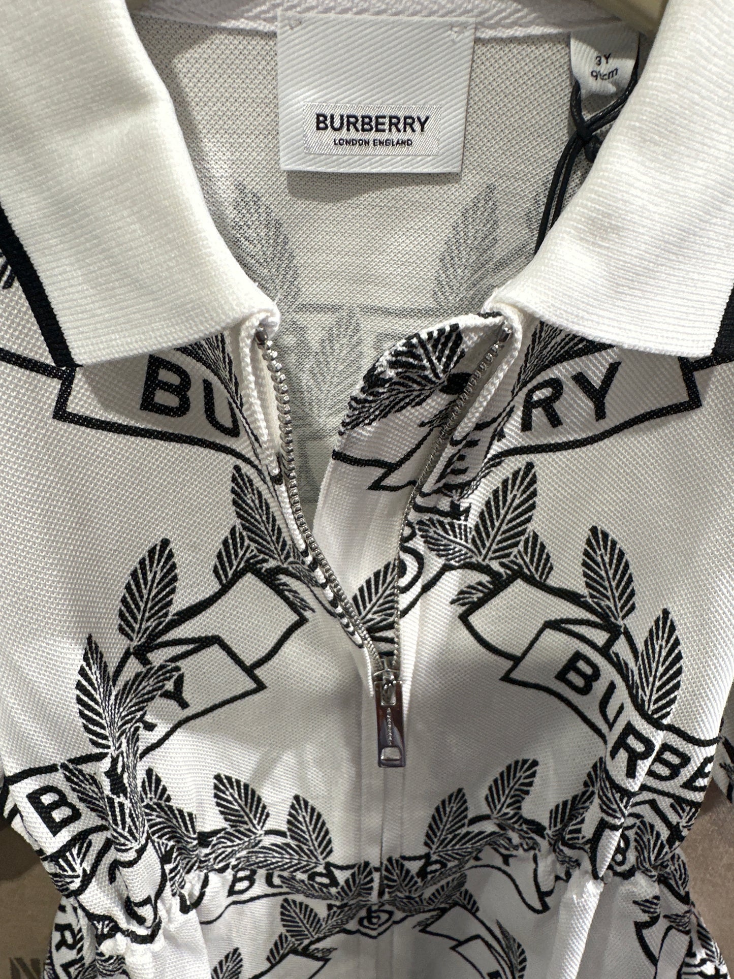 Burberry Kleid Mädchen 3J 98cm Weiß/Schwarz Muster Detail