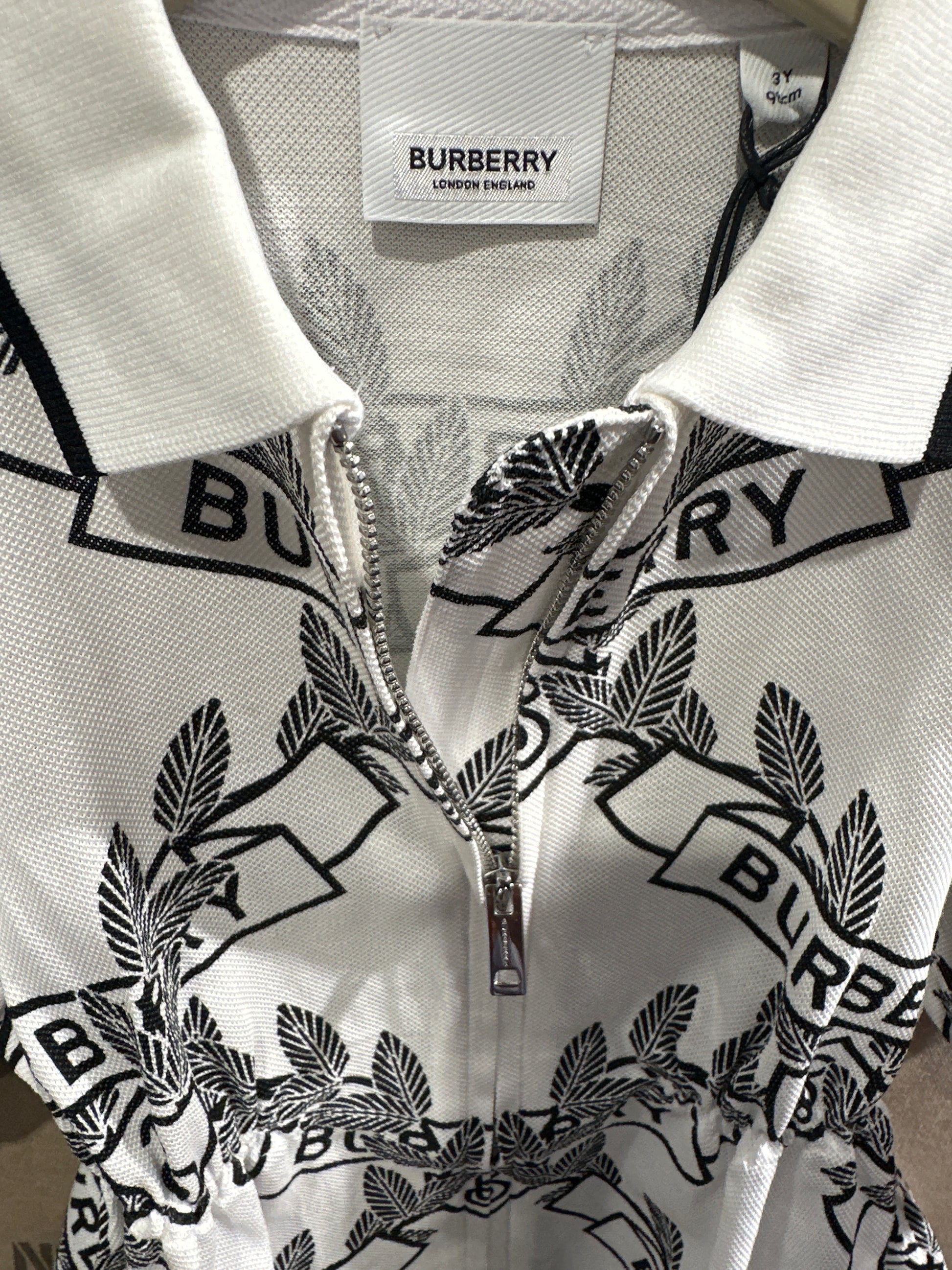 Burberry Kleid Mädchen 3J 98cm Weiß/Schwarz Muster Detail