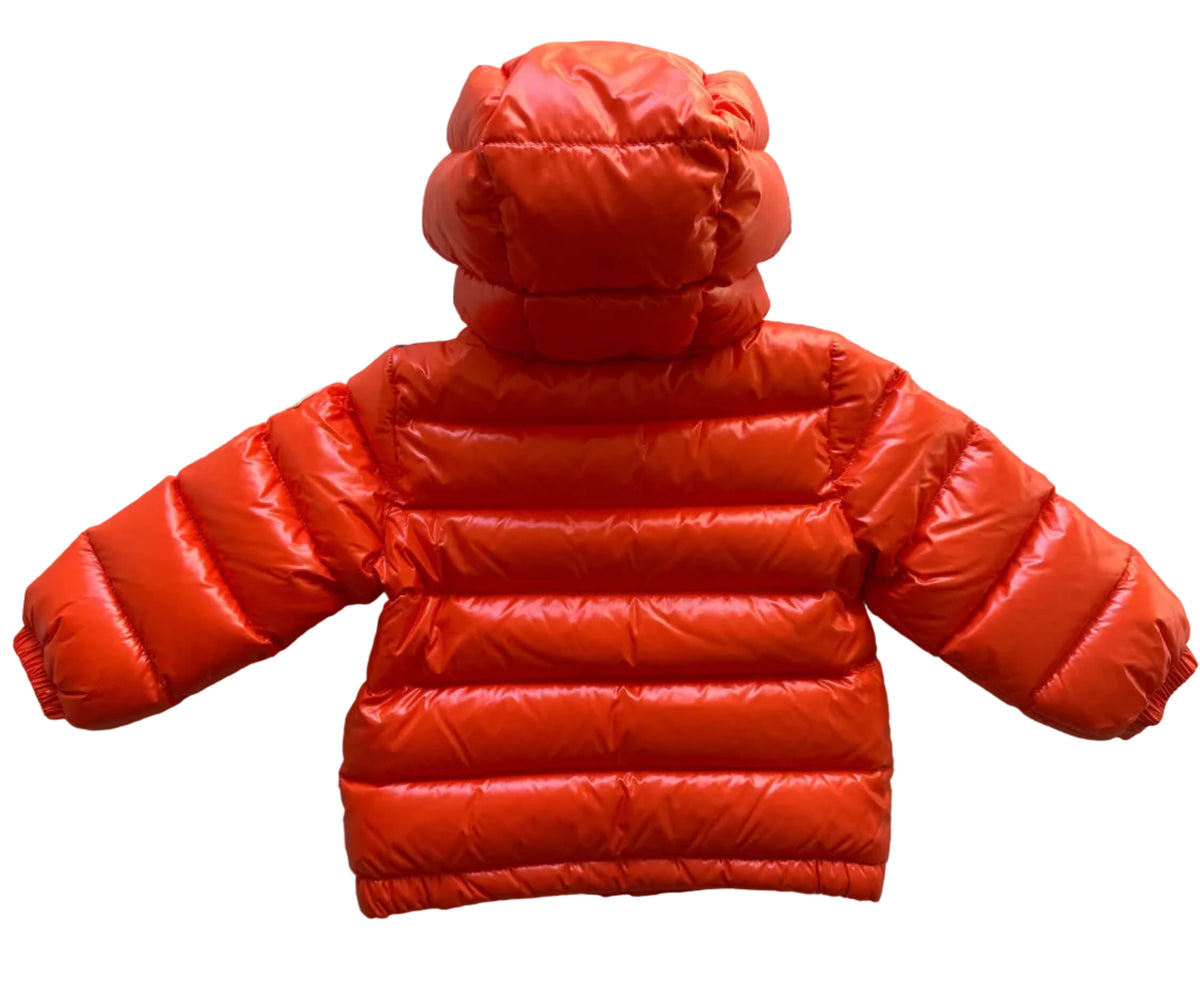 Moncler Designer-Baby-Daunenjacke orange, 12-18 Monate, Rückansicht mit Kapuze