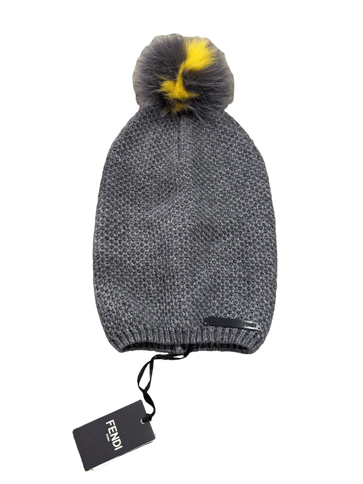 Fendi Designer-Kinder-Strickmütze 2-6 Jahre, mit Echtfell, Grau, Logo, Etikette, Vorderansicht