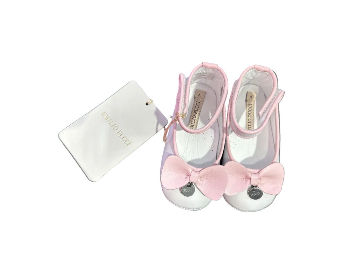 Emilio Pucci Baby-Laufschuhe Mädchen, Größe 18, 6-9 Monate Weiß/Rosa Vorderansicht