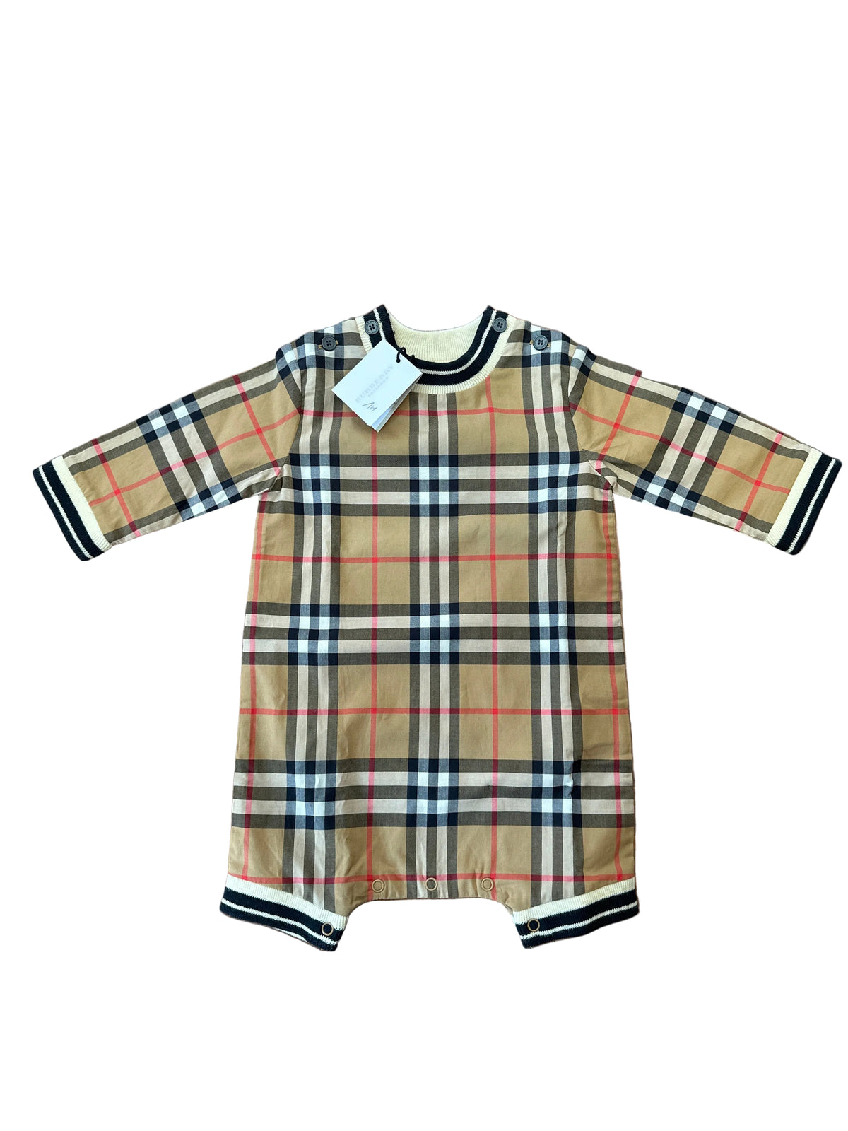 Burberry Designer-Babyanzug Unisex, 1 Monat, beige mit Karomuster und gestreiften Bündchen