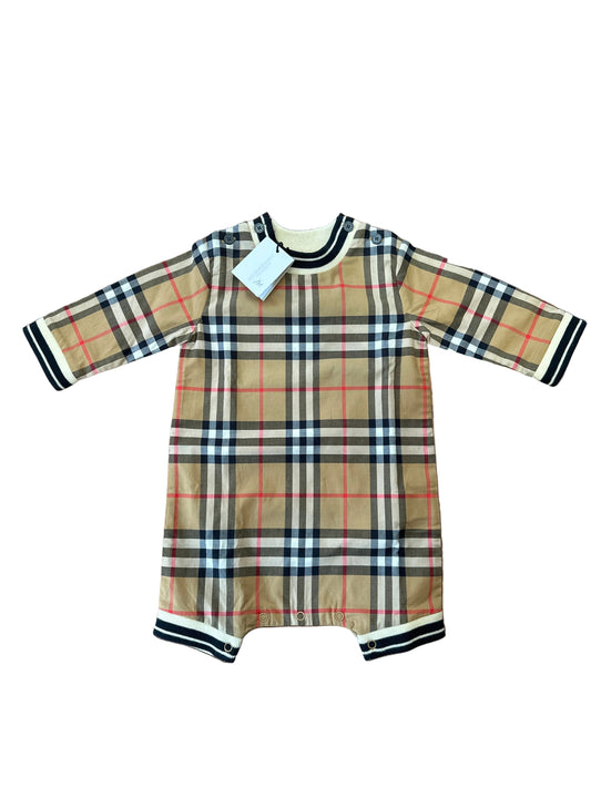 Burberry Designer-Babyanzug Unisex, 1 Monat, beige mit Karomuster und gestreiften Bündchen