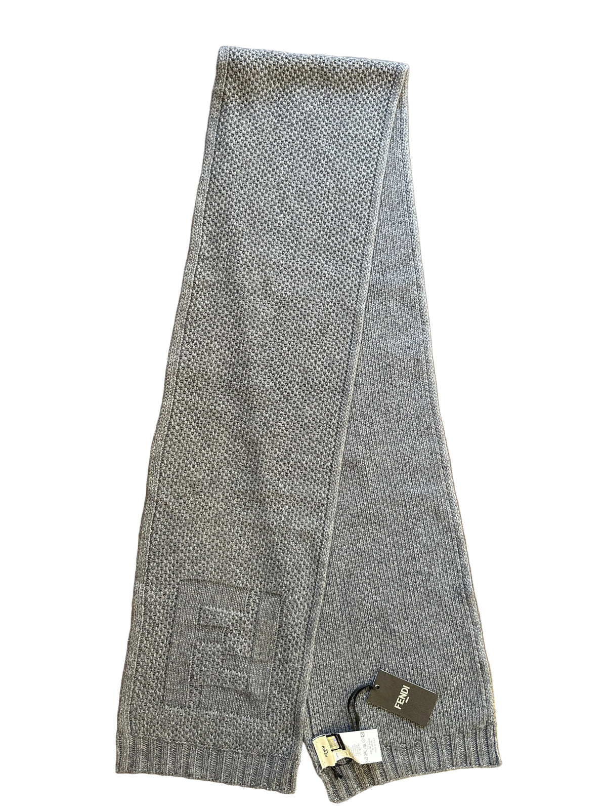 Fendi Designer-Strickschal Grau Unisex, 20 x 174 cm, Gesamtansicht mit Originaletikett