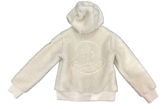 Moncler Designer-Teddyjacke Creme, Unisex, 10 Jahre, Rückansicht mit Kapuze und großem Moncler- Logo