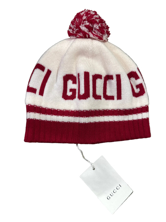 Gucci Designer-Strickmütze Beige/Rot, Größe M 54, mit Bommel und Originaletikett, Vorderansicht